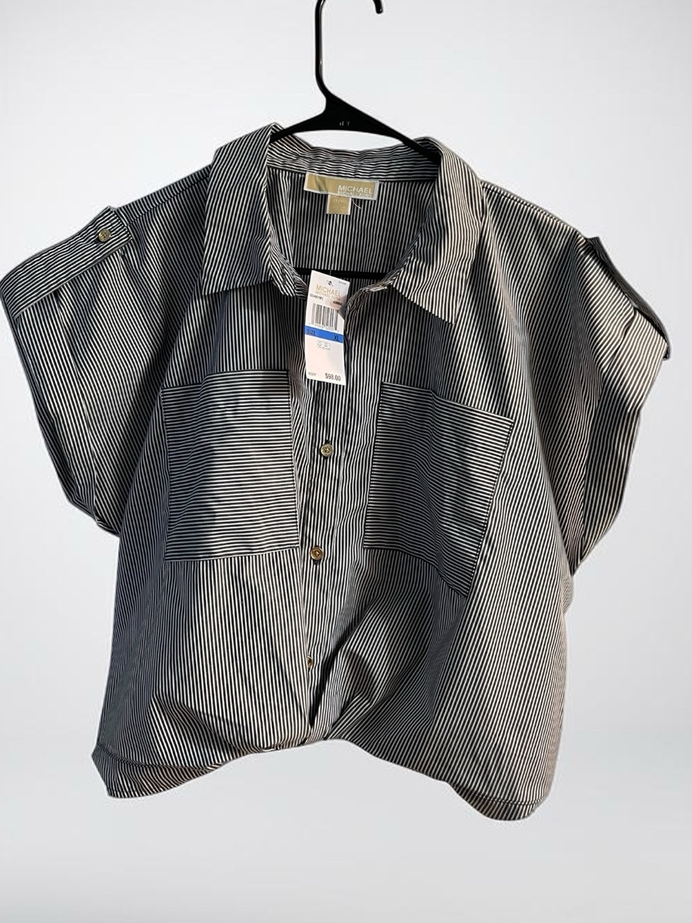 NWT Michael Kors Striped Cropped Button Front Shirt XL Black White Boxy Top